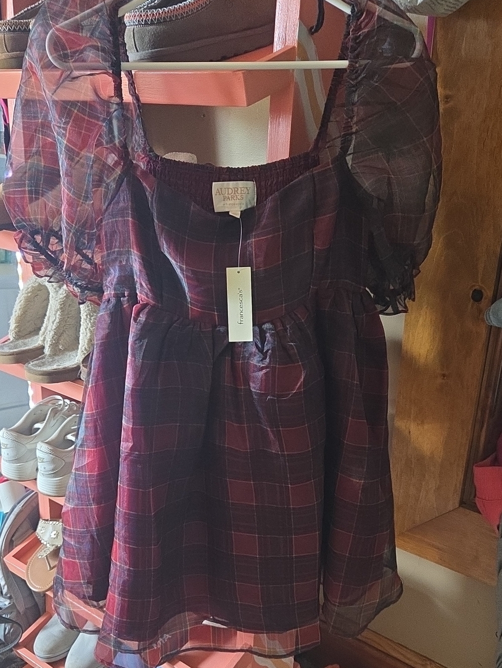 Francesca's Collections Burgundy and Navy Plaid Puff-Sleeve Mini Dress